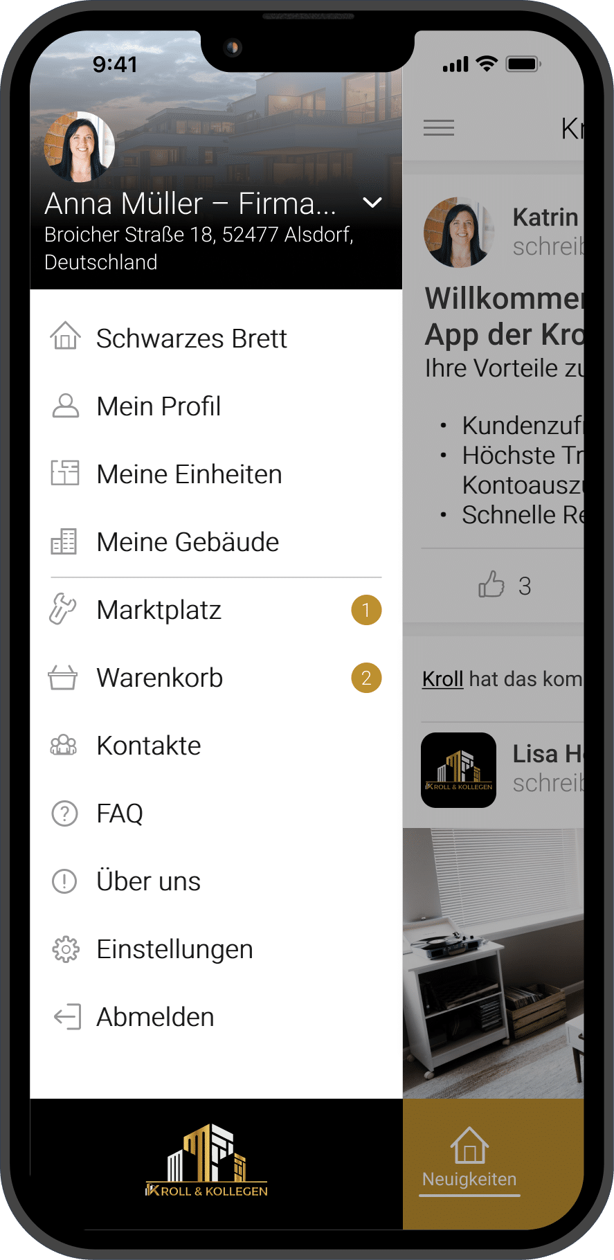 Kroll-APP: Menü mit allen Funktionen