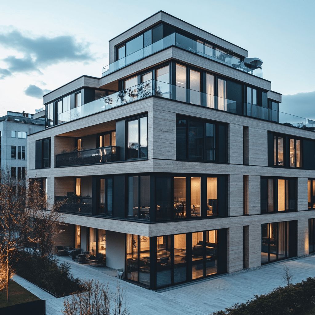 Mehrfamilienhaus mit Balkonen und heller Fassade